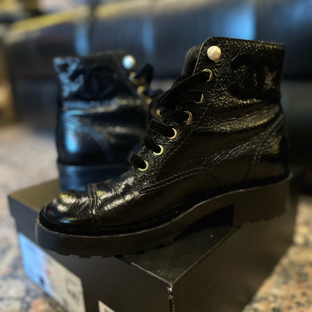 CHANEL Shiny Black Combat Boots